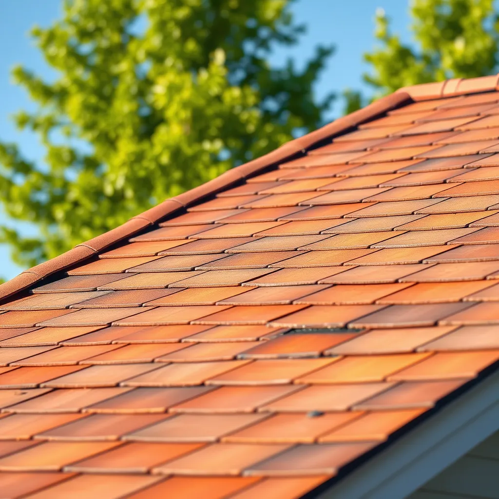 A close-up photograph of a freshly cleaned roof, showcasing the vibrant color of the shingles and the absence of any discoloration or growth. The roof is positioned at a slight angle, revealing its full surface. The lighting is soft, diffused daylight, creating a warm and inviting atmosphere. The photograph should emphasize the intricate details of the shingles, showcasing the textures and patterns of the material. The background features a clear blue sky and lush green trees, adding depth and perspective to the image.  Focus on capturing the crisp, clean appearance of the roof, highlighting the effectiveness of SAITS4U Soft Washing. Capture the image in a highly realistic, ultra-high quality style, achieving a photorealistic aesthetic.  Aim for a resolution of 8K, ensuring a high level of detail and clarity.  The image should exude a feeling of cleanliness and freshness, highlighting the transformative impact of SAITS4U Soft Washing on the roof's appearance.