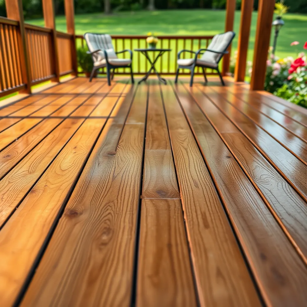 A close-up photograph of a freshly cleaned deck, showcasing the natural beauty of the wood and the absence of any dirt, stains, or mildew. The deck is positioned against a backdrop of a lush green lawn and a vibrant flower garden, creating a serene and welcoming atmosphere. The lighting is soft, diffused daylight, creating a warm and inviting atmosphere. The photograph should capture the intricate details of the wood grain, showcasing the textures and patterns of the material. The deck is furnished with comfortable chairs and a small table, inviting the viewer to imagine relaxing and enjoying the outdoors. Focus on capturing the clean and inviting appearance of the deck, highlighting the effectiveness of SAITS4U Soft Washing. Capture the image in a highly realistic, ultra-high quality style, achieving a photorealistic aesthetic. Aim for a resolution of 8K, ensuring a high level of detail and clarity. The image should exude a feeling of cleanliness and freshness, highlighting the transformative impact of SAITS4U Soft Washing on the deck's appearance.