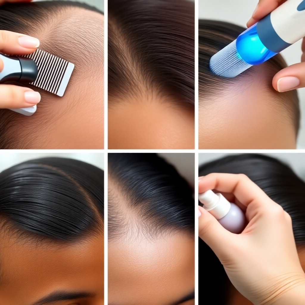 A close-up, photorealistic image illustrating various non-surgical hair restoration methods. Show various treatments: close-up on laser comb application, a hand applying topical serum to the scalp, etc.  Include a diverse range of skin tones in the visuals, enhancing the inclusivity of the content.  The lighting should be professional and clear, with sharp details.