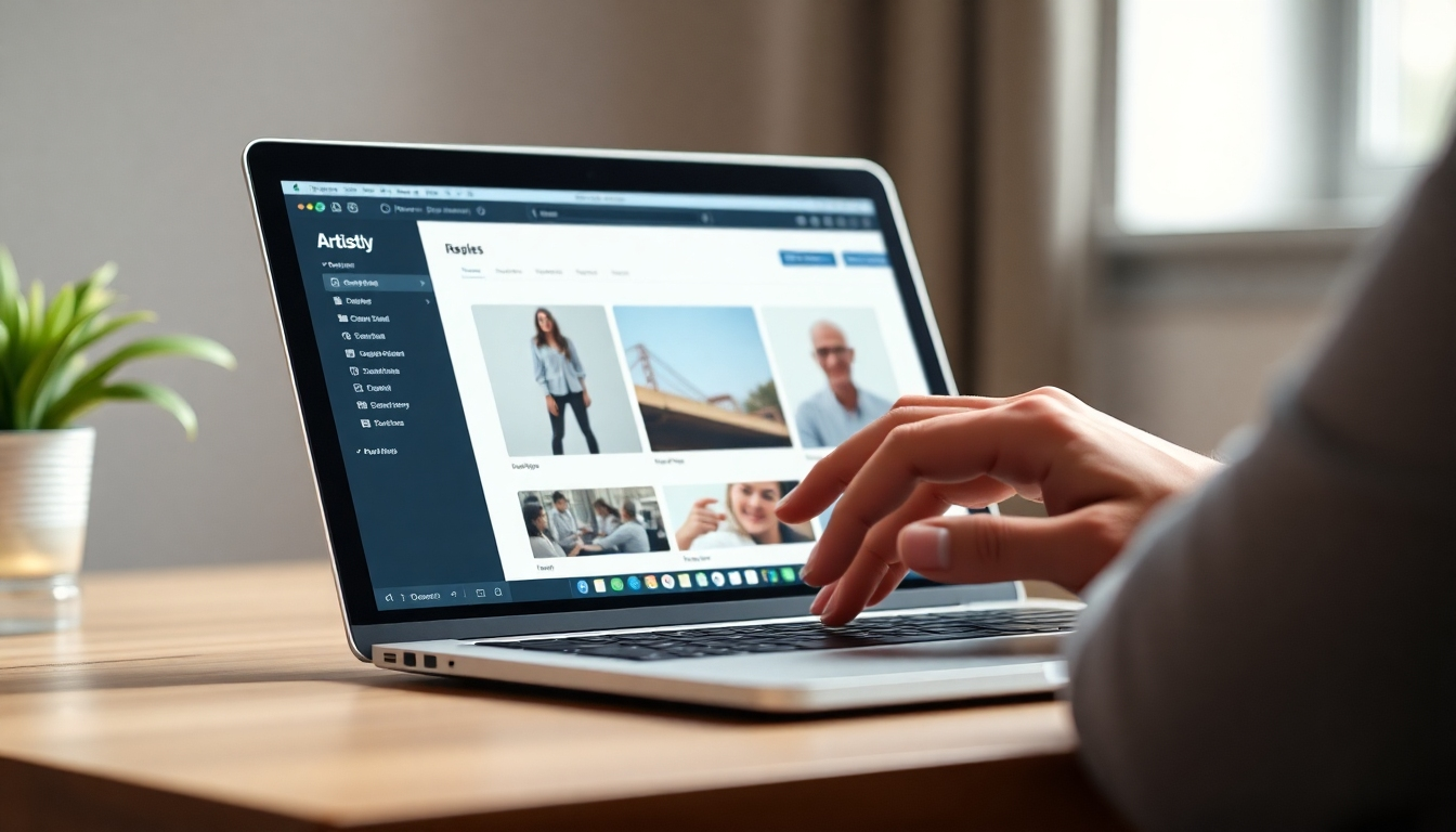A close-up, photorealistic image of a person easily navigating the Artistly interface on a sleek laptop.  The interface should be clean, intuitive, and visually appealing.  Soft, natural lighting enhances the scene.  The overall tone should convey ease of use and accessibility.