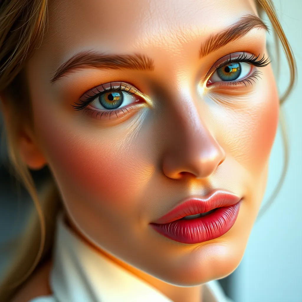 A close-up portrait of a woman with flawless, natural-looking makeup. She has a warm, radiant glow, and her eyes are highlighted with subtle shimmer. She is wearing a simple, elegant dress that complements her makeup.