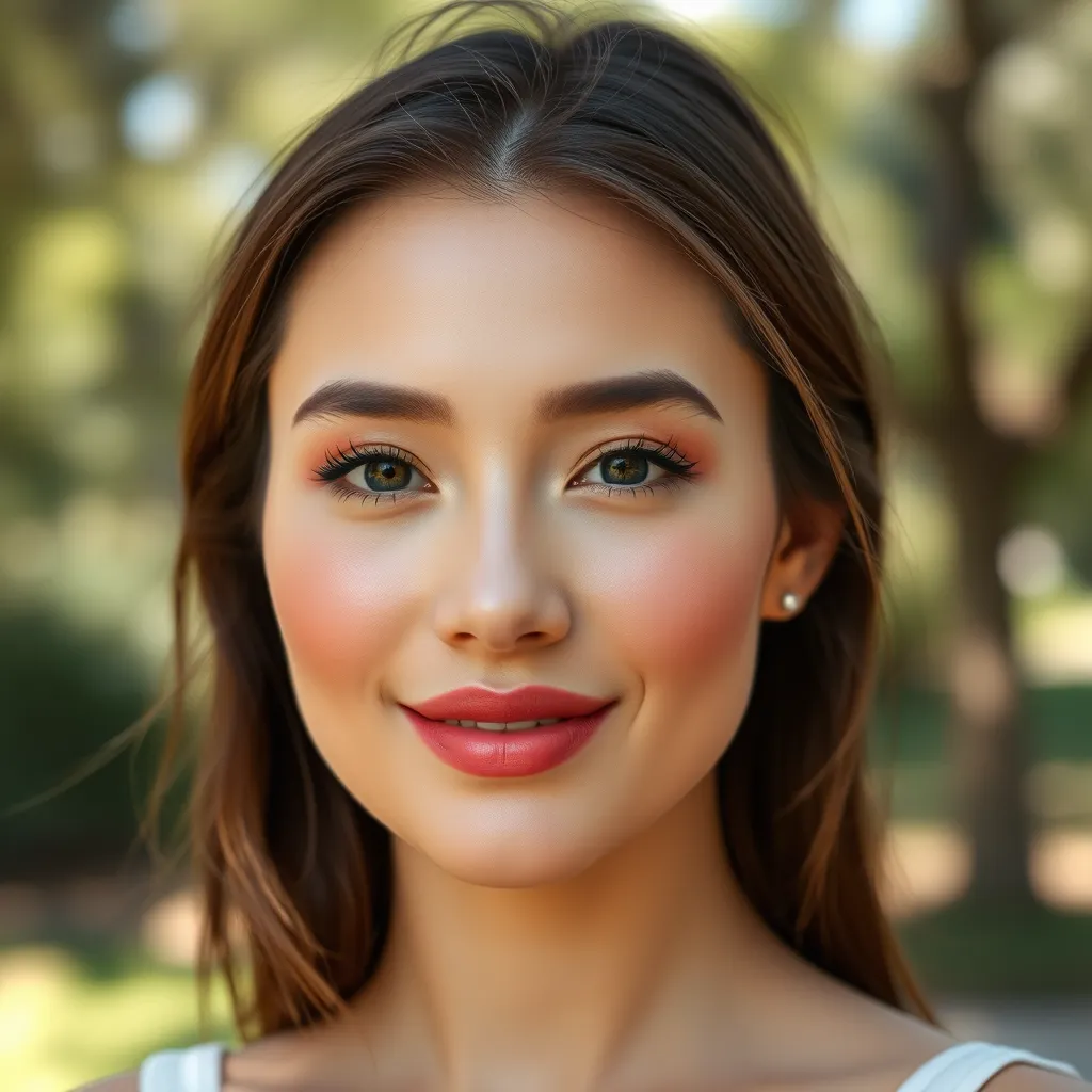 A close-up portrait of a woman with a natural and radiant makeup look. She is wearing soft, warm eyeshadow, a touch of blush, and a subtle lip color. Her skin is flawless and luminous, highlighting her natural beauty. The lighting should be soft and natural, creating a bright and airy atmosphere. The background is a blurred, natural setting, like a park or a garden.  The woman is looking directly at the camera with a confident and approachable smile. The image should have a natural and authentic feel, showcasing the power of subtle makeup to enhance one's natural features. Render the image with a focus on realistic details, soft lighting, and natural textures. 