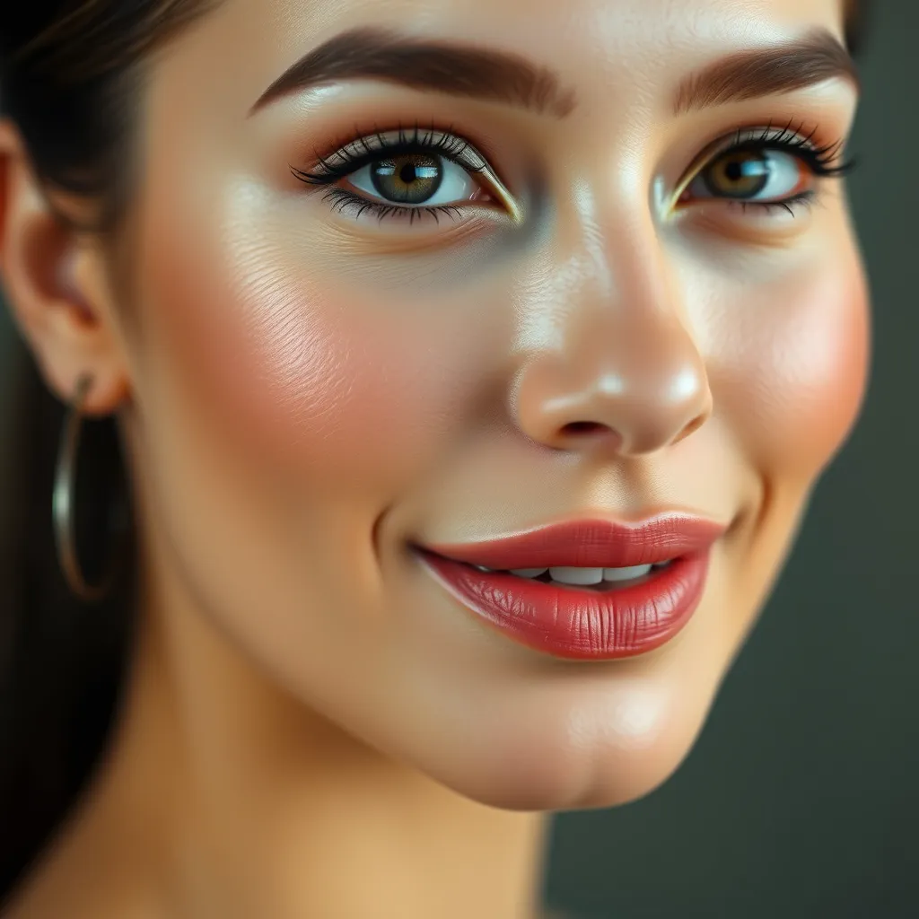 A close-up portrait of a woman with flawless makeup, showcasing natural-looking, radiant skin, perfectly applied eyeshadow and eyeliner, and a touch of blush. Her expression is confident and happy, with a gentle smile. The background is soft and blurred, focusing attention on the woman's face.