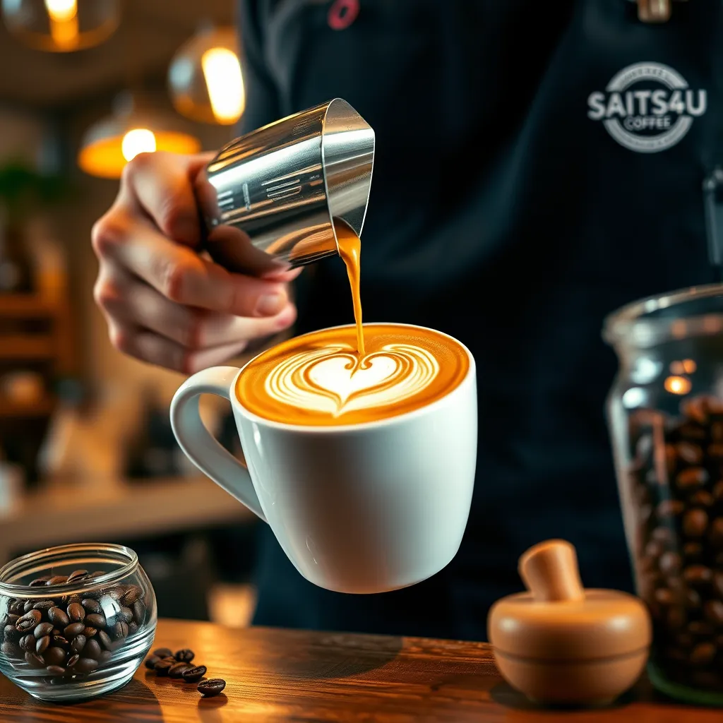 A close-up shot of a barista meticulously pouring a latte into a white ceramic mug, showcasing the intricate latte art with a heart design. The coffee shop's warm, inviting atmosphere is reflected in the background, with soft lighting emanating from hanging pendant lights. The barista's hands are steady and confident, wearing a black apron with the SAITS4U Coffee Shop logo. The coffee beans are visible in a glass jar beside the barista, creating a visually appealing contrast with the white mug. The image should be captured in a natural, realistic style with warm, inviting tones, focusing on the details of the coffee preparation process. The composition should create a sense of intimacy and craftsmanship, highlighting the passion and care put into each cup. Aim for a 4K resolution with hyperrealistic details, capturing the texture of the coffee foam, the gloss of the mug, and the subtle sheen of the barista's hands.