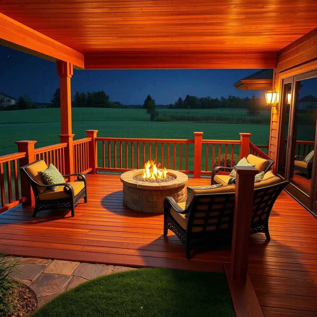 A close-up shot of a beautifully crafted composite deck with a built-in fire pit, surrounded by comfortable outdoor seating. The deck is constructed from rich, warm-toned wood, with intricate details in the railing and post designs. The fire pit is ablaze with a soft orange glow, illuminating the surrounding area. The scene is set in the evening, with a clear night sky dotted with stars. The image should be in a cinematic style, capturing the cozy and inviting atmosphere of the deck. The lighting is warm and inviting, with soft shadows cast by the firelight.  The image should be highly detailed, with realistic textures for the wood, stone, and fabric of the furniture. The scene is framed by a lush green garden and a sprawling lawn, adding a sense of tranquility and peace to the image.