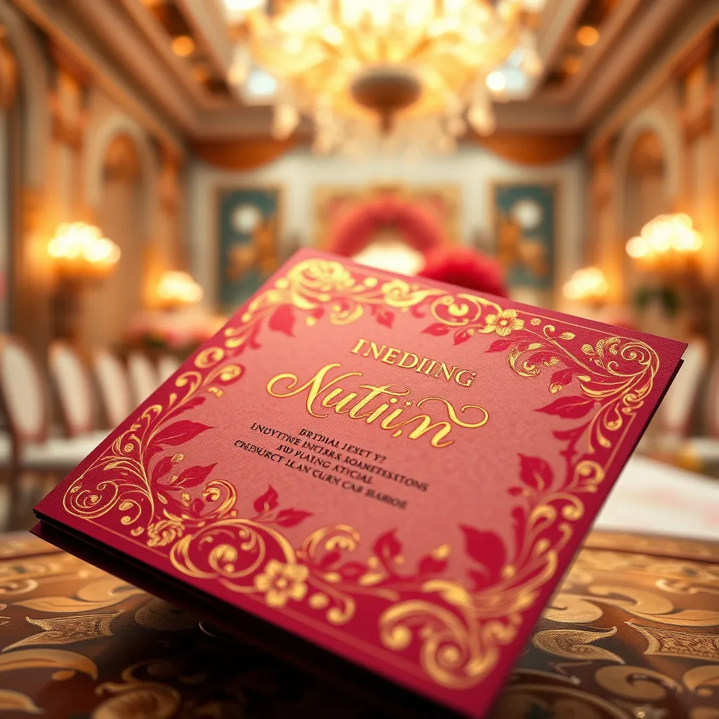 A close-up shot of a beautifully designed wedding invitation card, capturing the intricate details and elegant typography. The card should have a rich color palette of [preferred color palette], with delicate floral motifs and a touch of gold foil. The lighting should be soft and diffused, creating a warm and inviting atmosphere. The background should be a blurred image of a luxurious wedding venue, showcasing the elegant decor and romantic ambiance. The image should be rendered in ultra-high quality, with exquisite detail, capturing the texture of the paper, the sparkle of the gold foil, and the delicate beauty of the floral patterns.