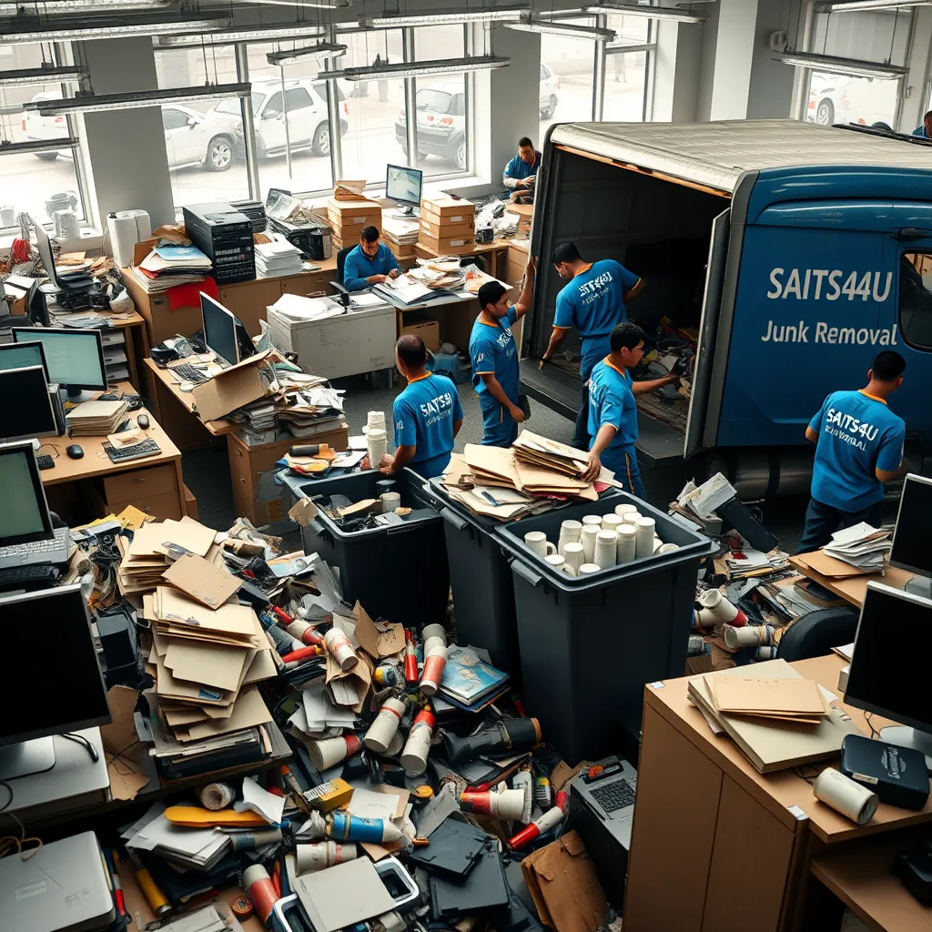 A close-up shot of a busy office space, with desks and computers scattered around the room.  The scene is chaotic and cluttered, with piles of old documents, discarded electronics, and empty coffee cups.  A team of SAITS4U Junk Removal workers in their bright blue uniforms are efficiently working to remove the clutter, sorting it into recycling bins and loading it into a company-branded truck. The truck is a large, sturdy vehicle, with a SAITS4U logo emblazoned across its side.  The lighting is bright and energetic, highlighting the action and efficiency of the workers. The image should have a slightly gritty, industrial aesthetic, capturing the fast-paced nature of commercial junk removal.  Render in a photorealistic style with a focus on the details of the clutter, the workers' uniforms, and the equipment they are using. The image should convey a sense of professionalism, efficiency, and the benefits of a clean and organized workspace. Capture the scene in ultra-high resolution (8K) with hyperrealistic detail.