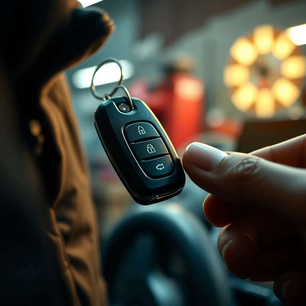 A close-up shot of a car key being programmed by a skilled locksmith. The scene should be set in a well-lit, professional workshop, showcasing the expertise and precision involved in automotive locksmith services. The image should highlight the importance of fast and reliable car key solutions.