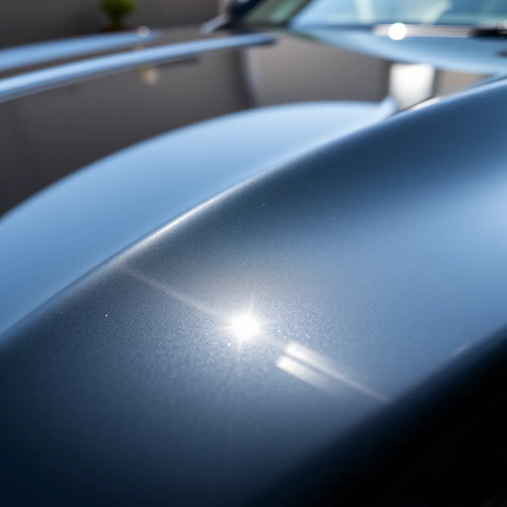 A close-up shot of a car's hood, showcasing the smooth, glossy finish of a newly applied ceramic coating. The camera angle is slightly angled, reflecting the bright, sunny sky in the glossy surface. The image is rendered in a hyperrealistic style, capturing the intricate details of the ceramic coating, including the smooth, flawless surface, the subtle depth of the gloss, and the way it repels water droplets. The background is a soft, blurred bokeh effect, emphasizing the sharp contrast between the highly detailed foreground and the gentle, out-of-focus background. The overall mood is one of protection, resilience, and lasting beauty, reflecting the long-lasting benefits of SAITS4U Mobile Car Detailing's ceramic coating service.