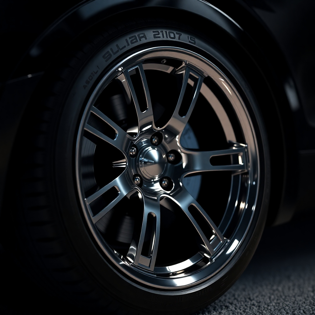 A close-up shot of a car's wheel and rim with a gleaming chrome finish, showcasing a mirror-like reflection. The wheel should be positioned against a dark, textured background to enhance the contrast and highlight the detail. The image should convey a sense of precision and craftsmanship.