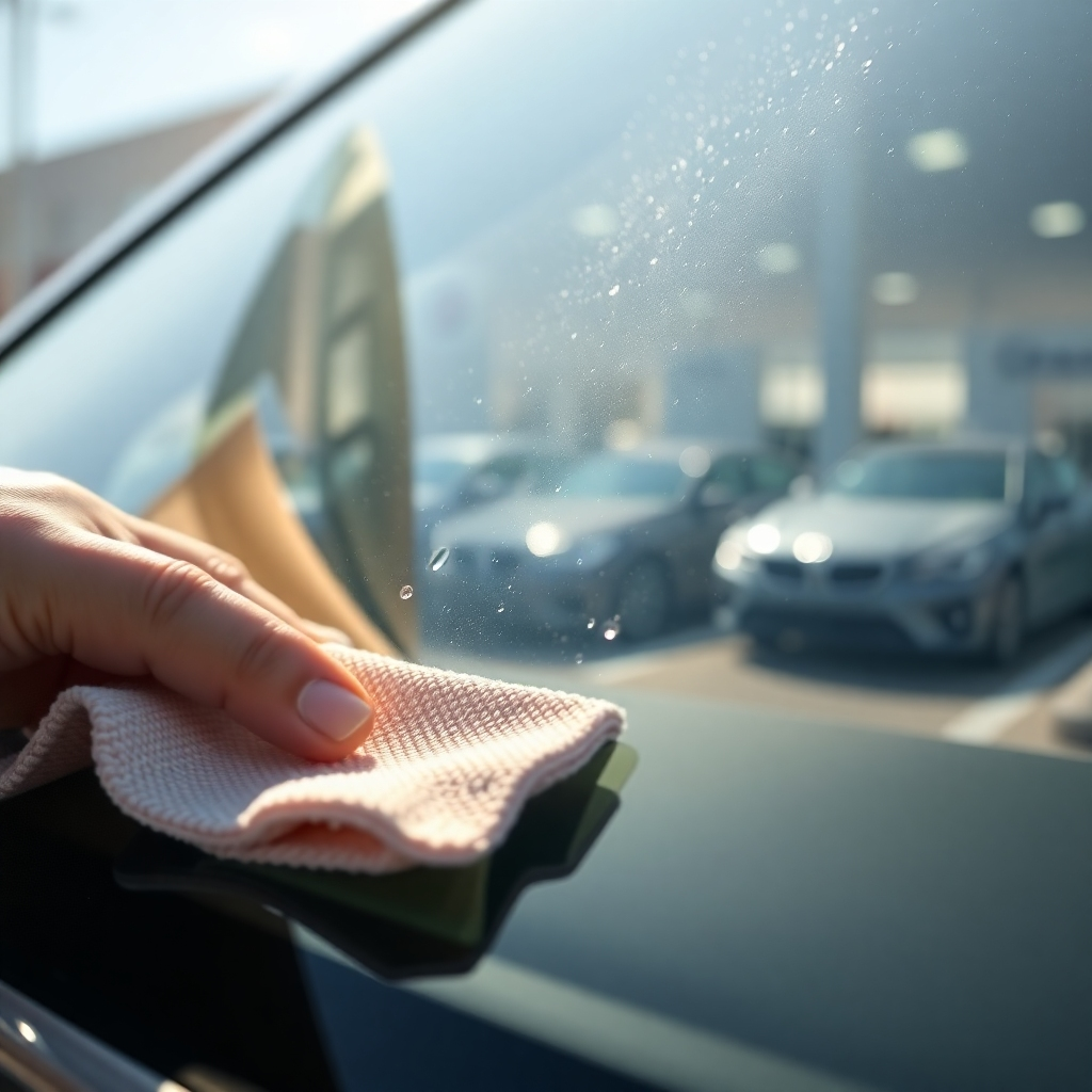 A close-up shot of a car window being cleaned with a microfiber cloth. The window is sparkling clean, reflecting the sunlight. The cloth is wet with cleaning solution and there are a few water droplets on the window. The background is a blurred image of a sunny car dealership lot.  The image should be in a realistic style with sharp focus on the window and cloth.  The lighting is soft and diffused, creating a warm glow.  The overall mood should be one of satisfaction and cleanliness. Render in 8K resolution, hyperrealistic, with a focus on capturing the clarity and sparkle of the newly cleaned window.