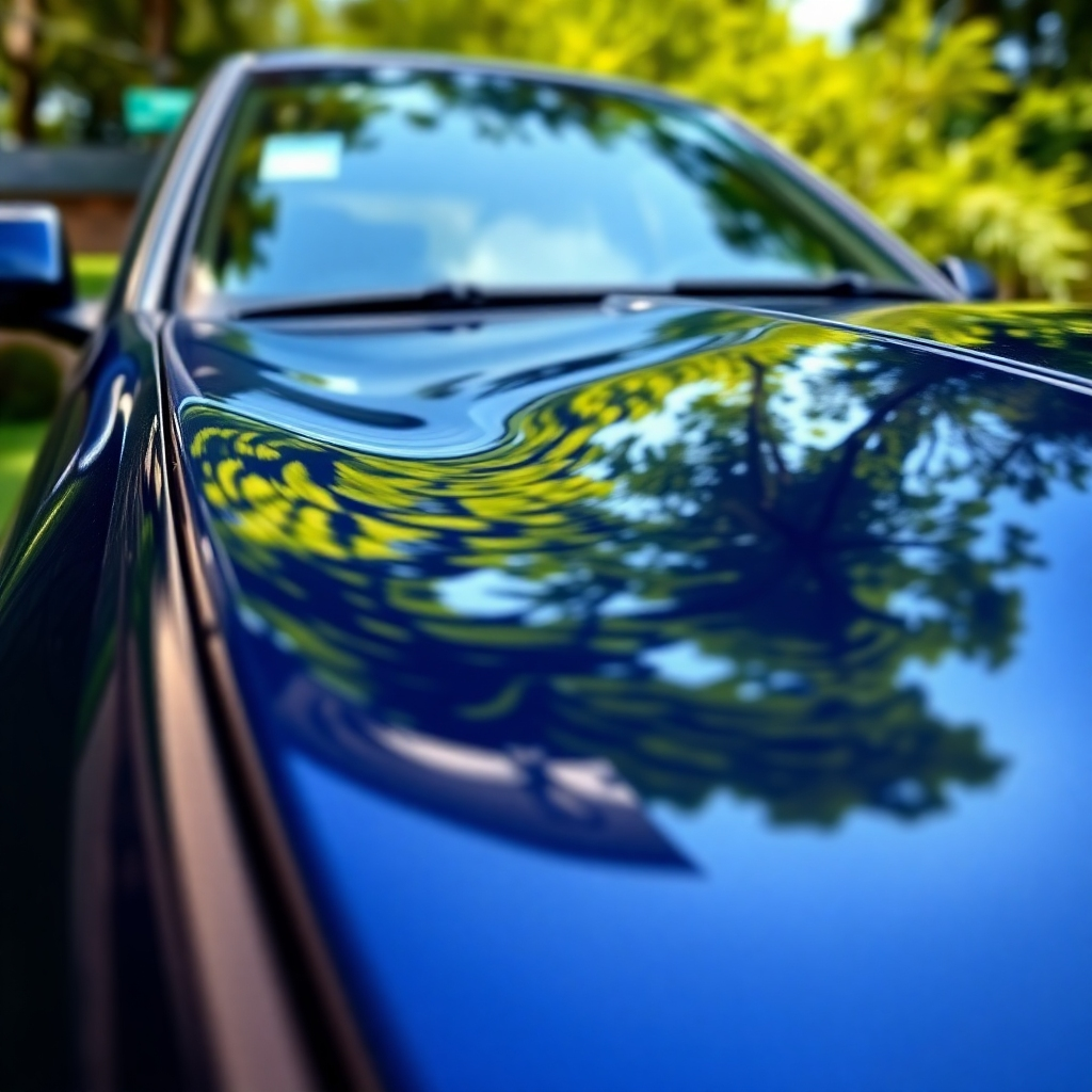 A close-up shot of a car with a deep, glossy shine, showcasing the reflection of the surrounding environment. The car should be parked in a bright, sunny setting with a backdrop of lush greenery. The image should highlight the clean and polished surface of the car.
