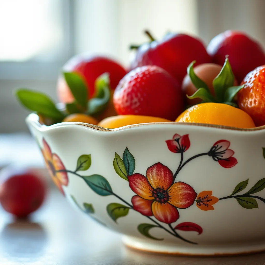 A close-up shot of a ceramic bowl with a unique, hand-painted floral design. The bowl is filled with fresh fruit, highlighting its vibrant colors and artistic details. The background is blurred, focusing attention on the bowl's intricate craftsmanship.