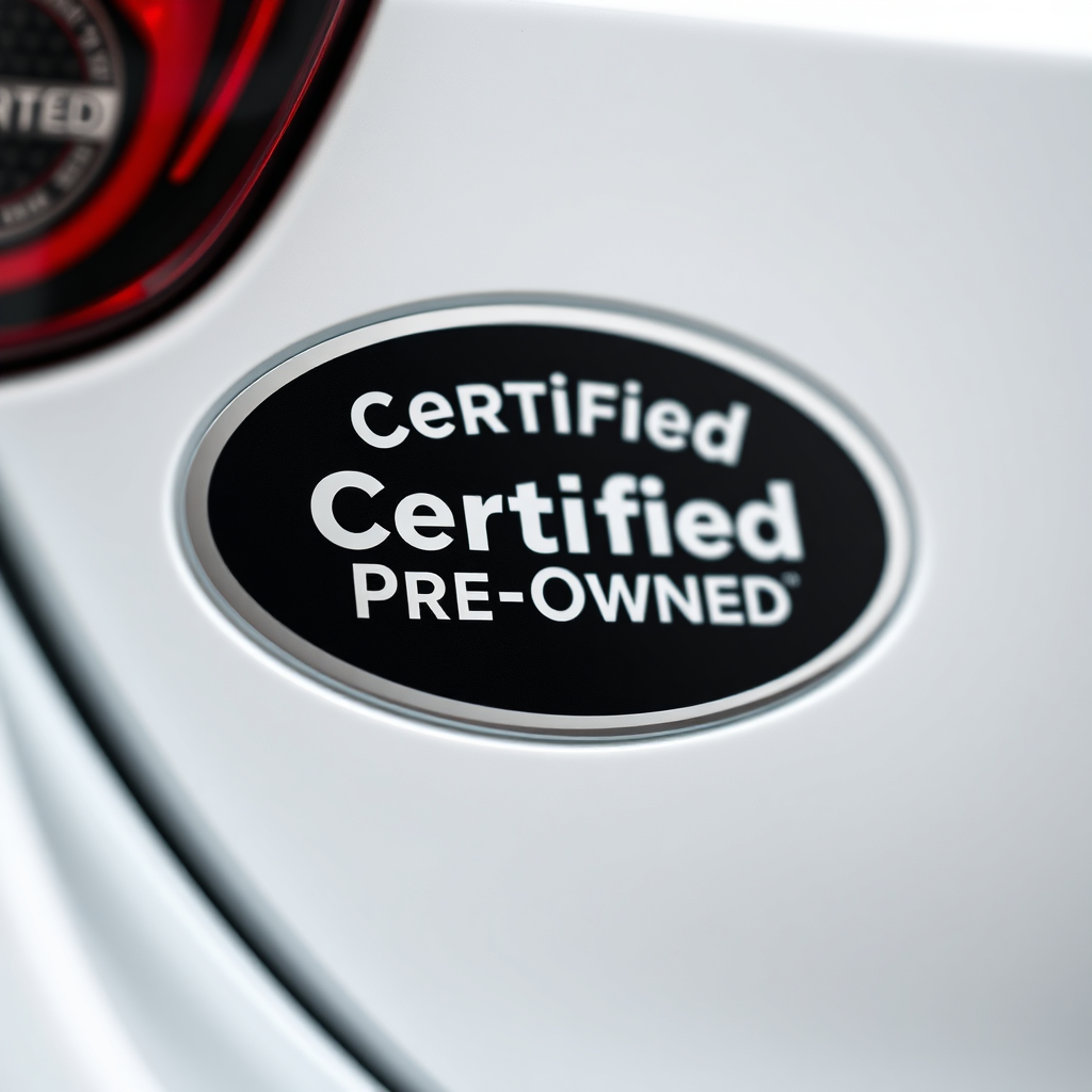 A close-up shot of a 'Certified Pre-Owned' sticker on a used car. The background should be slightly blurred, highlighting the certification mark. Use a clean and professional aesthetic. The lighting should be bright and focused. Style: Trustworthy and informative. Technical specs: 4K resolution, high quality.