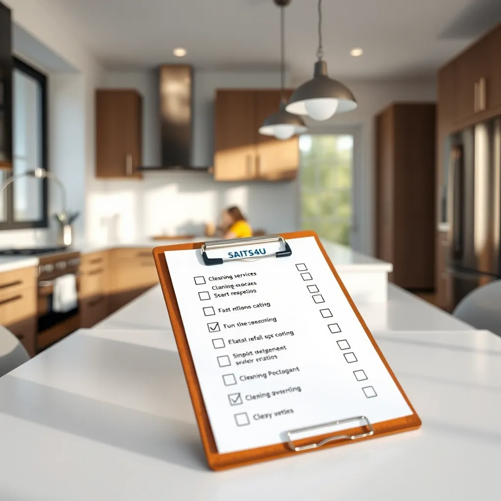 A close-up shot of a cleaning checklist on a clipboard, showing various cleaning tasks with checkmarks next to them, highlighting the diversity of services offered by SAITS4U. The checklist is placed on a clean, white table in a spacious kitchen with modern appliances and countertops, with natural light illuminating the scene.