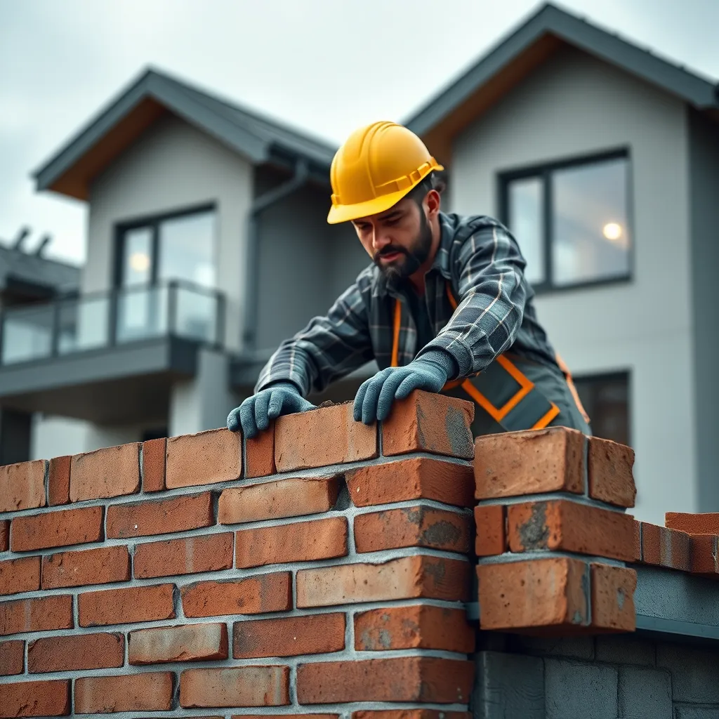 A close-up shot of a construction worker meticulously laying bricks on a residential building, showcasing their expertise and attention to detail. The background should depict a modern, stylish house under construction.