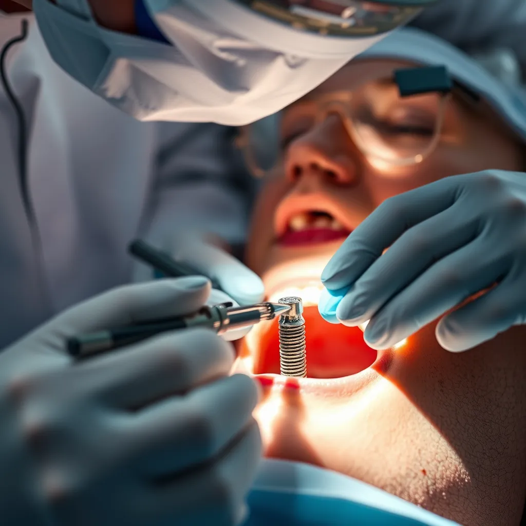 A close-up shot of a dentist performing a dental implant procedure on a patient. The dentist is wearing protective gear and using specialized instruments. The image should focus on the precision and expertise involved in the procedure, demonstrating the advanced technology and techniques employed by SAITS4U Dentist.