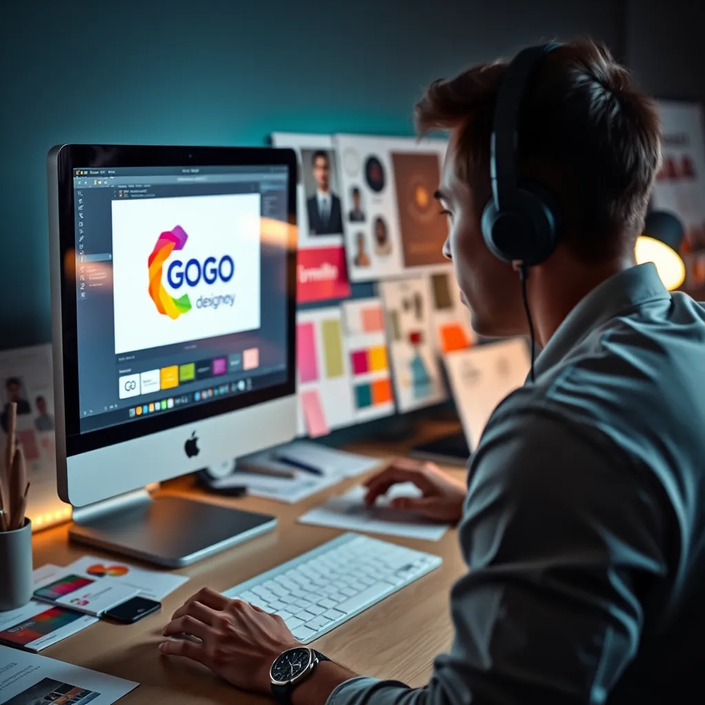 A close-up shot of a designer working on a computer, showcasing a colorful brand logo design on the screen. The designer's workspace is organized with various branding elements like color swatches and mood boards. The image should convey creativity, professionalism, and attention to detail.