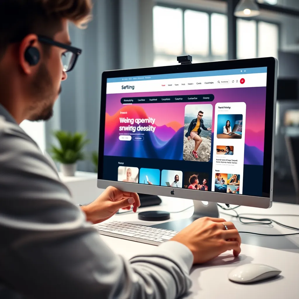 A close-up shot of a designer working on a computer, with a sleek, modern website design on the screen. The design should incorporate vibrant colors, high-quality imagery, and a clean layout. The background should be a modern, minimalist office space.