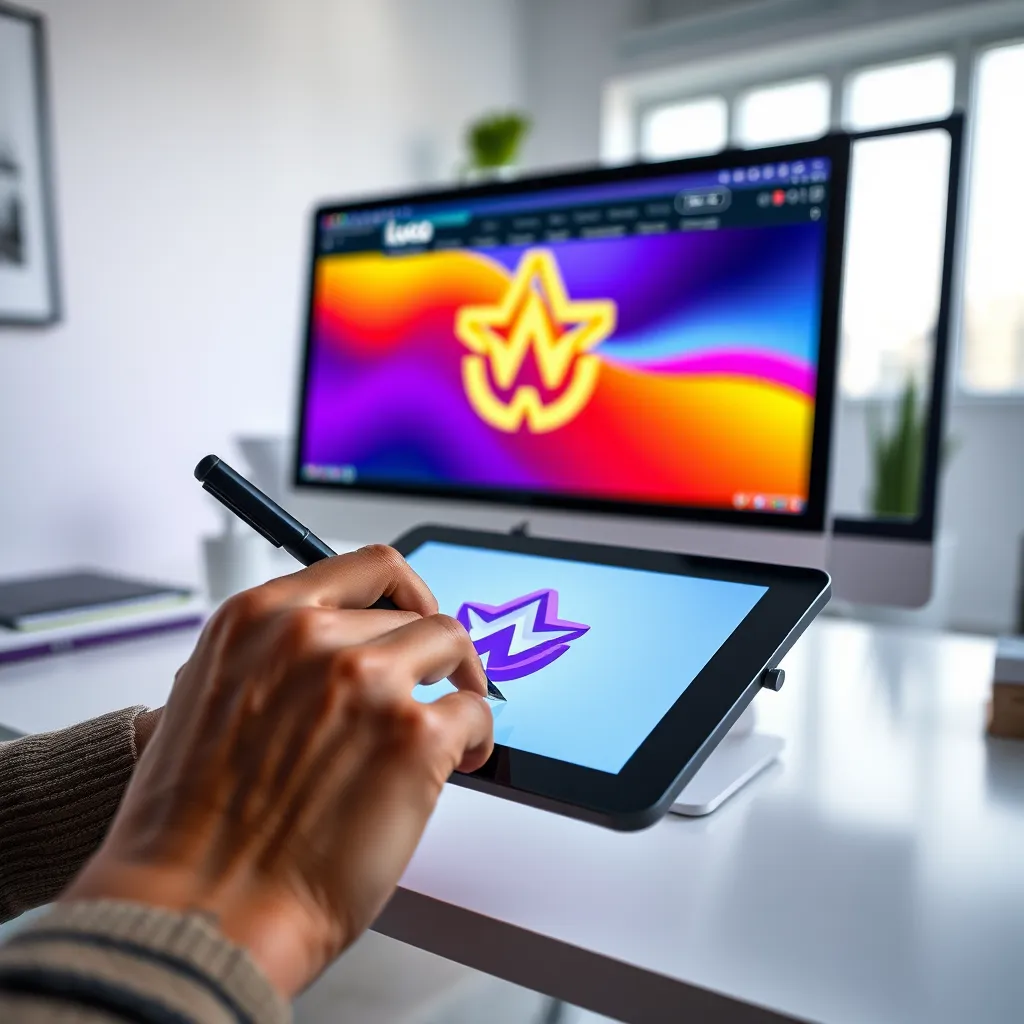 A close-up shot of a designer's hand using a digital tablet to create a vibrant and modern logo design. The background should be a clean, minimalist workspace with a computer monitor displaying a website mockup featuring the logo. The image should convey creativity, professionalism, and a focus on visual impact.