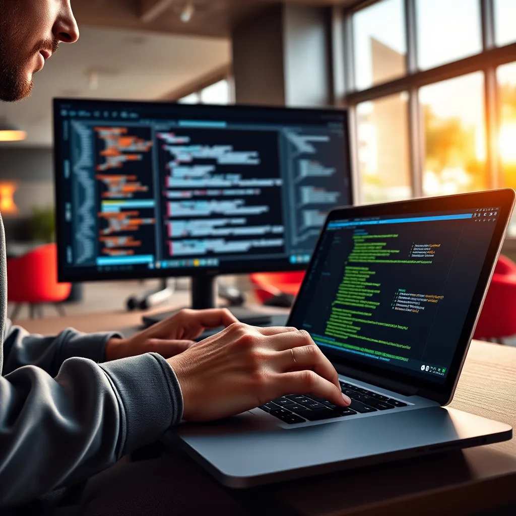 A close-up shot of a developer's hands typing code on a laptop, with a large monitor displaying a complex software interface. The scene should be set in a modern, well-lit office with sleek furniture and vibrant colors. The developer should be wearing casual attire, with a confident expression. The lighting should be soft and diffused, casting a warm glow over the scene. The image should be ultra-realistic, with sharp details and textures.  The focus should be on the hands and the code, showcasing the intricate details of the software development process.  Include subtle visual elements that represent the business benefits of custom software, such as graphs, charts, and user interface mockups.