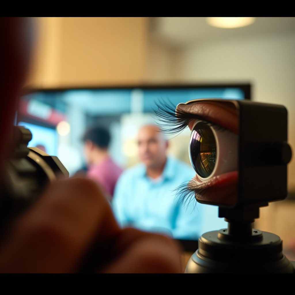 A close-up shot of a director's eye looking through a camera lens, focusing on a scene unfolding on a monitor. The scene being filmed depicts a customer visibly moved by a brand's story. The lighting is soft and cinematic, emphasizing the emotional connection. The background is blurred, highlighting the intensity of the director's focus and the power of visual storytelling. The image should convey authenticity and emotional resonance. This should be a photorealistic rendering in 8K resolution.