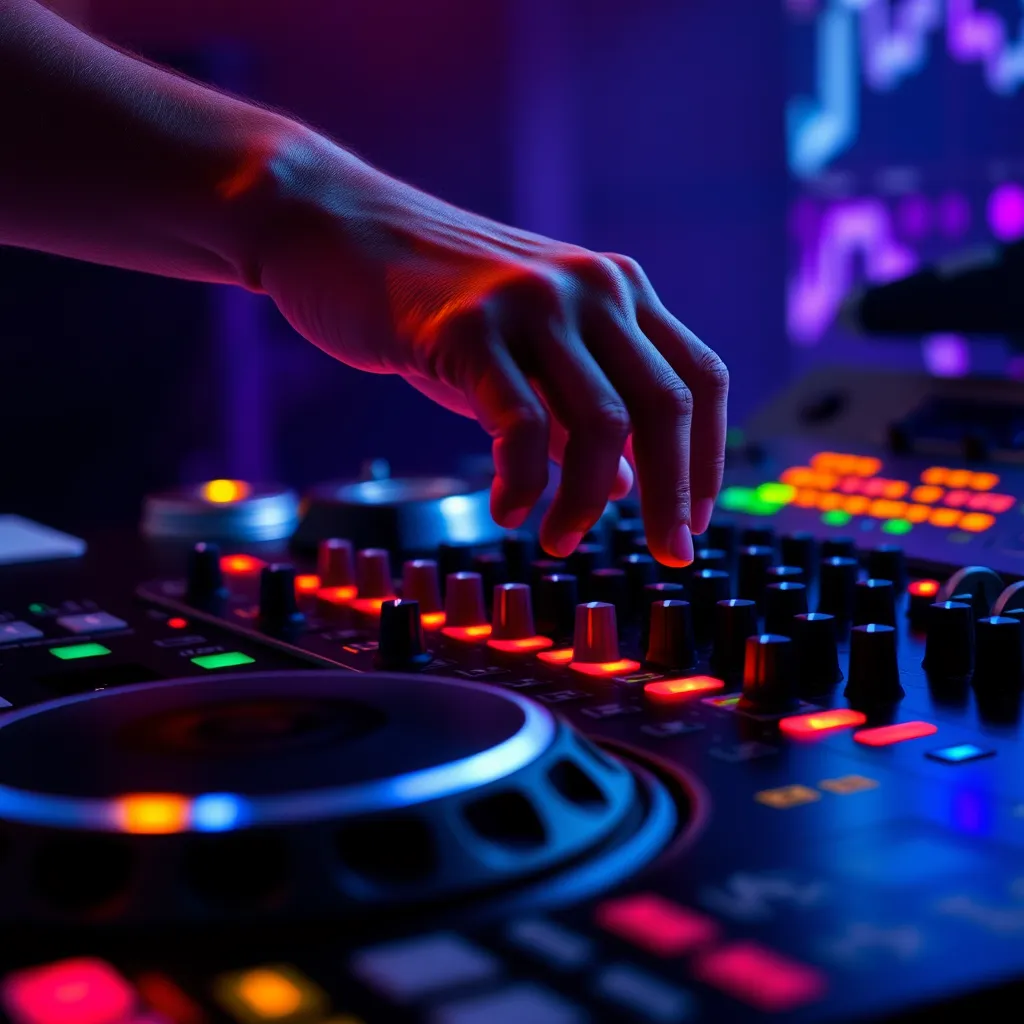 A close-up shot of a DJ's hands skillfully adjusting the volume and mixing tracks on a professional mixing console. The console is illuminated with colorful lights, creating a dynamic and energetic feel. The focus is on the smooth transitions and precise control the DJ has over the music.