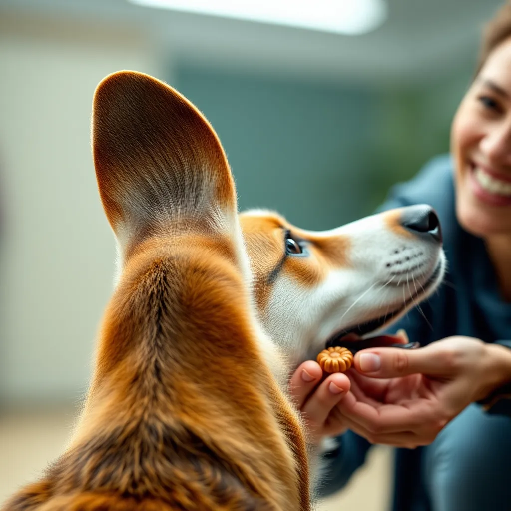 A close-up shot of a dog's tail wagging excitedly as they receive a treat from their trainer. The trainer is smiling and holding a treat in their hand. The background should be a soft, blurred image of a training environment.