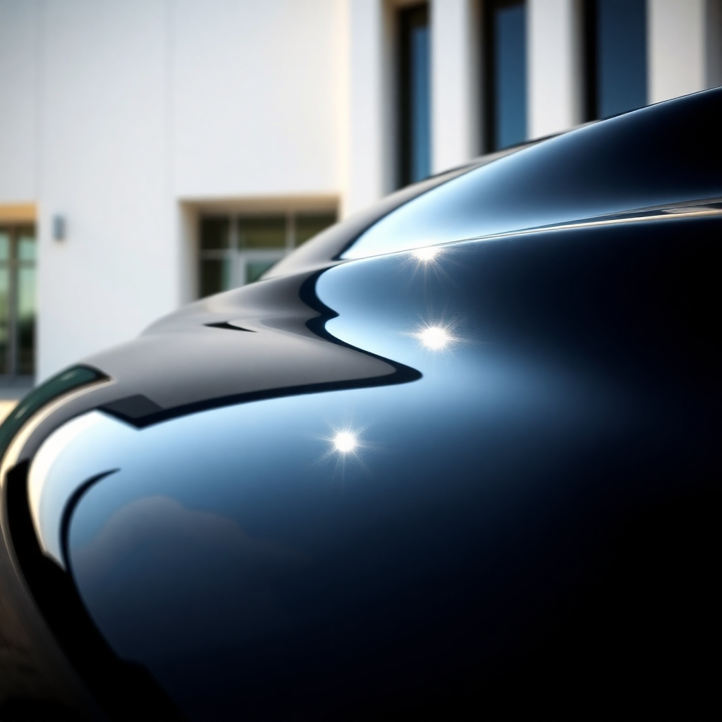 A close-up shot of a gleaming black car under bright sunlight, showcasing a deep, glossy finish. The car is parked in front of a modern building with clean lines and a minimalist design. The image should emphasize the depth and clarity of the car's paint, highlighting the reflection of the surroundings.