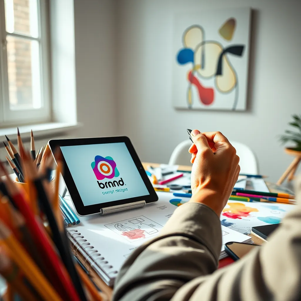 A close-up shot of a graphic designer's workspace, bathed in soft, natural light streaming through a window. The table is cluttered with a colorful array of design elements, including paintbrushes, pencils, a sketchbook filled with sketches, and a tablet displaying a captivating brand logo. The designer's hand is holding a pen, poised to add the finishing touches to a vibrant mockup on the tablet. The background is a minimalist white wall with a modern, abstract painting, adding a touch of creativity to the space. The image should exude a sense of artistic energy and professionalism. Render in ultra-high resolution with realistic textures and lighting effects, emphasizing the detail and vibrancy of the design elements. Style reference: Annie Leibovitz's iconic portraits of artists. 