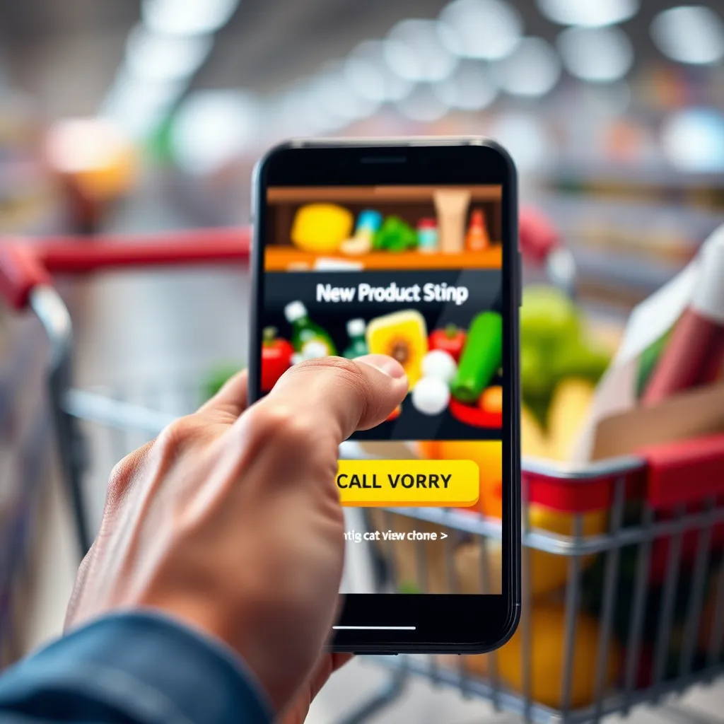 A close-up shot of a hand clicking on a call-to-action button on a smartphone screen. The screen displays a video advertisement for a new product, with a bright and colorful design. The background is a blurred image of a shopping cart filled with groceries, emphasizing the connection between the video and the product being promoted.