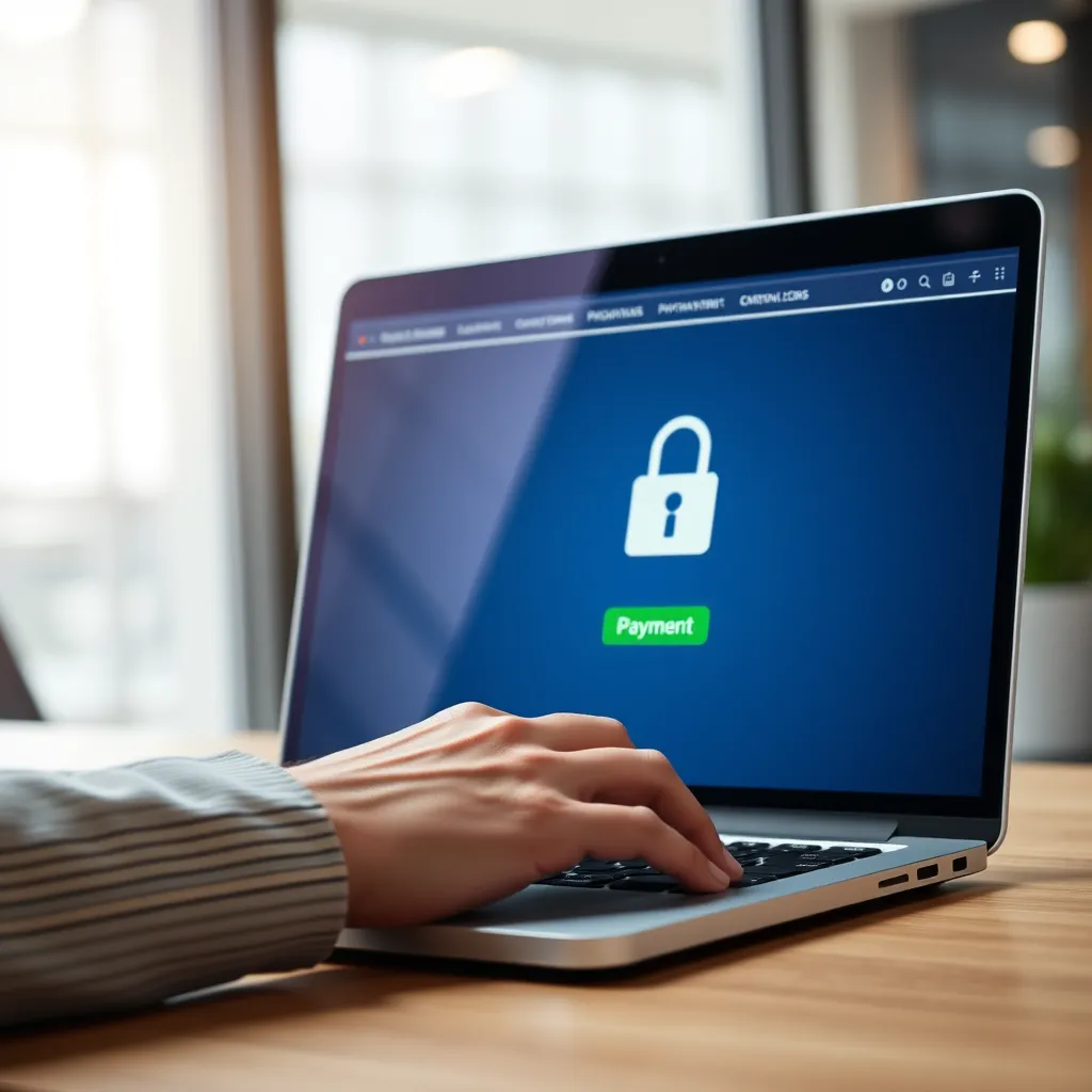 A close-up shot of a hand entering payment details on a laptop with a website displaying a secure payment gateway icon and a green padlock symbol. The background should be a modern office setting with soft lighting.