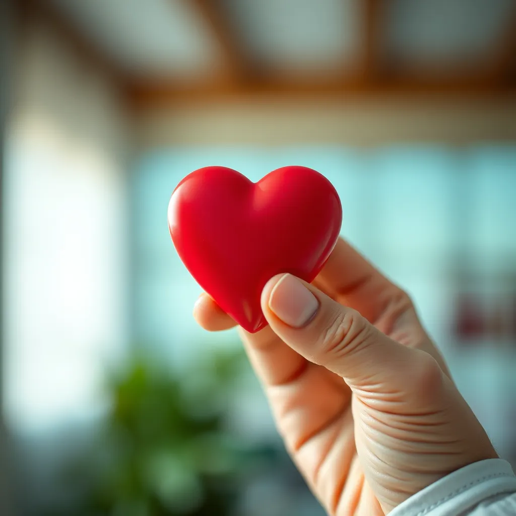 A close-up shot of a hand holding a heart-shaped object, representing the symbol of care and support. The background is blurred and features warm, comforting colors like soft blues and greens. The scene evokes a sense of empathy and confidentiality.
