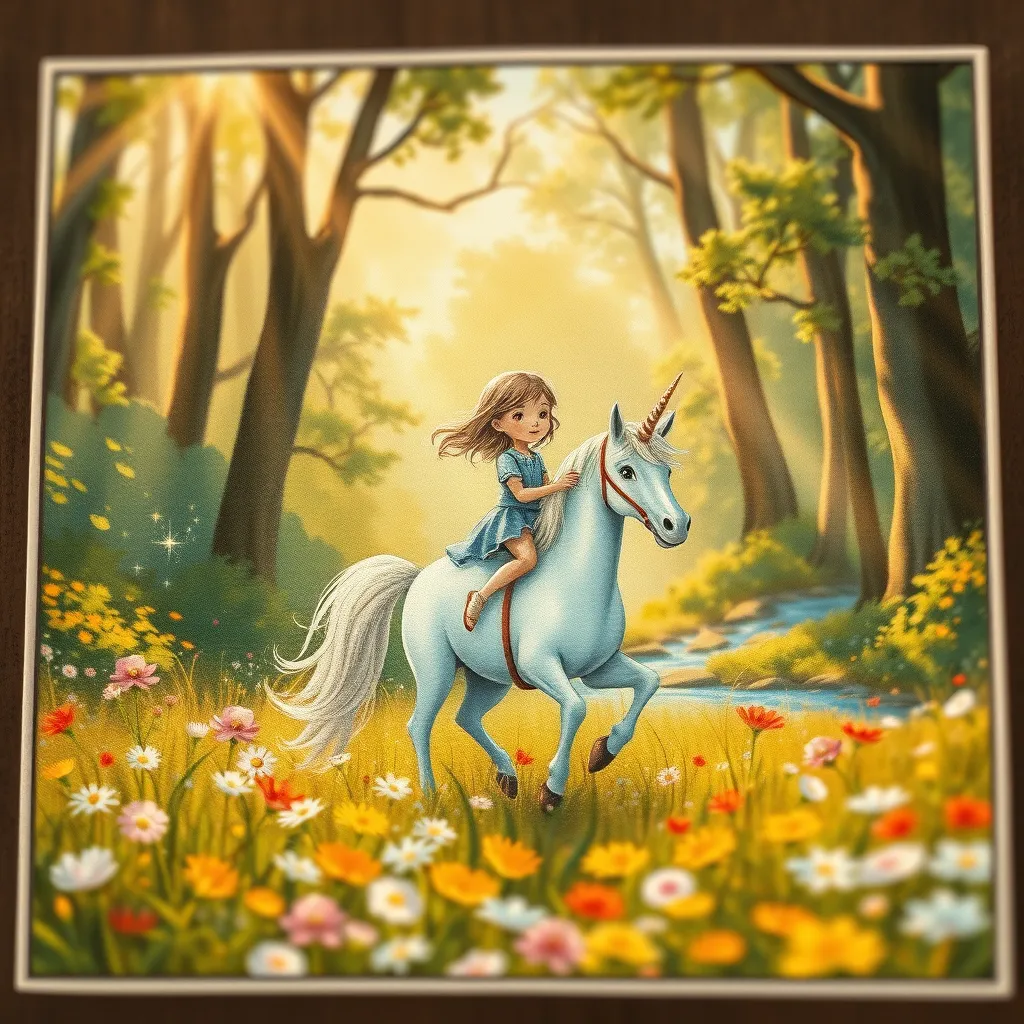 A close-up shot of a hand-painted illustration depicting a whimsical forest scene with a young girl riding a unicorn through a field of wildflowers. The scene is bathed in soft, golden sunlight streaming through the trees. The illustration is rendered in a vibrant, whimsical style with delicate brushstrokes and a textured, painterly effect. The background features lush foliage, sparkling streams, and a magical, dreamy atmosphere. The illustration is framed with a simple, elegant border, and the image is captured with a shallow depth of field, focusing on the girl and the unicorn.  Render the image in a high-resolution, photorealistic style, capturing the intricate details of the characters, environment, and brushstrokes.  Capture the warmth and wonder of the scene.