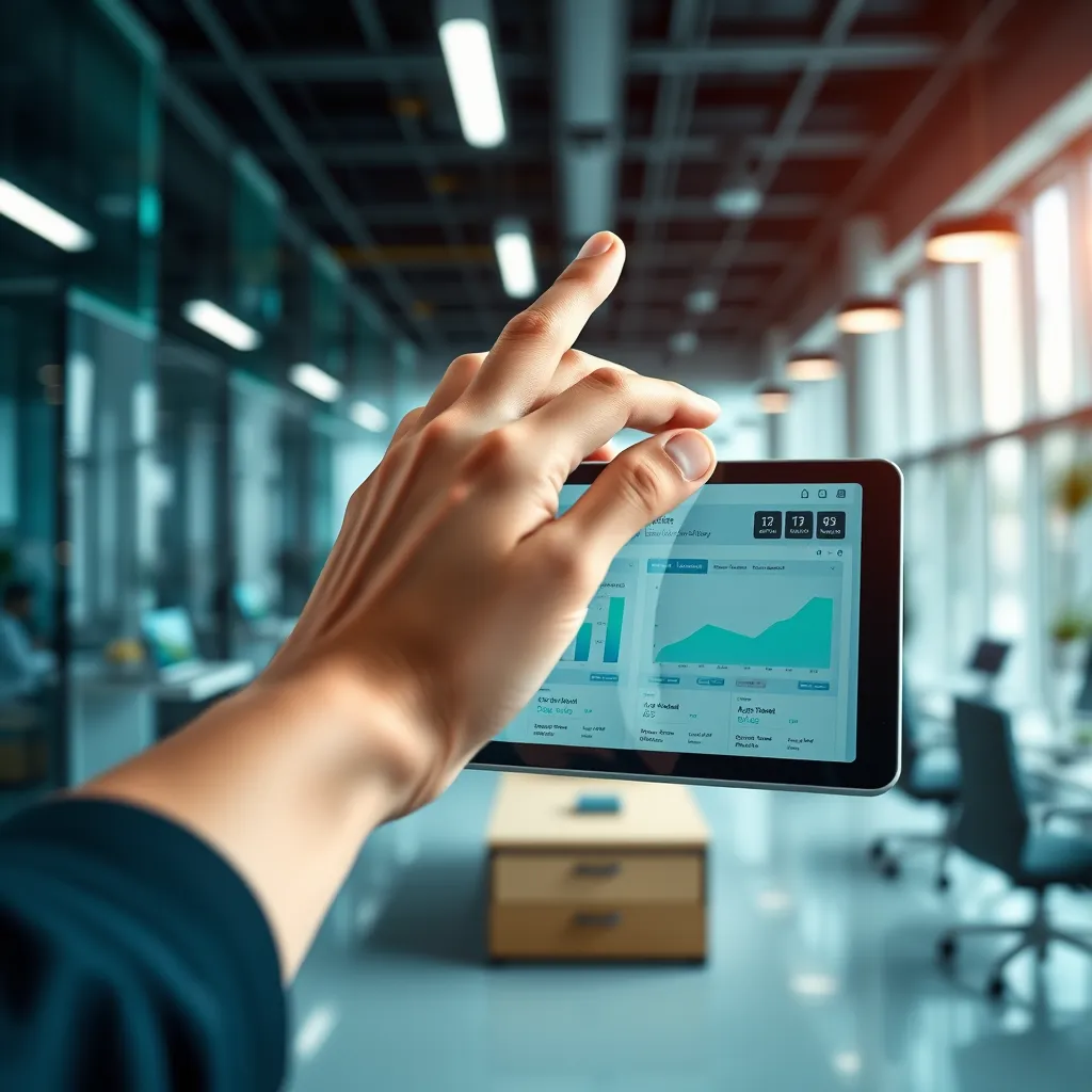 A close-up shot of a hand reaching for a tablet displaying a dashboard with real-time data and automated workflows. The background is a blurry image of a modern, tech-driven office with sleek, futuristic furniture and equipment. The image should convey the power of technology and automation in streamlining business operations. The lighting should be bright and sharp, highlighting the details of the tablet and the user's hand. The color palette should be cool and modern, with vibrant blues, greens, and grays. The camera angle should be slightly low, making the hand and tablet appear dominant. The image should be hyperrealistic, with a strong focus on textures and details, such as the smooth glass screen of the tablet and the realistic textures of the user's skin and clothes. The overall mood should be positive and optimistic, conveying the idea of efficiency, progress, and innovation.