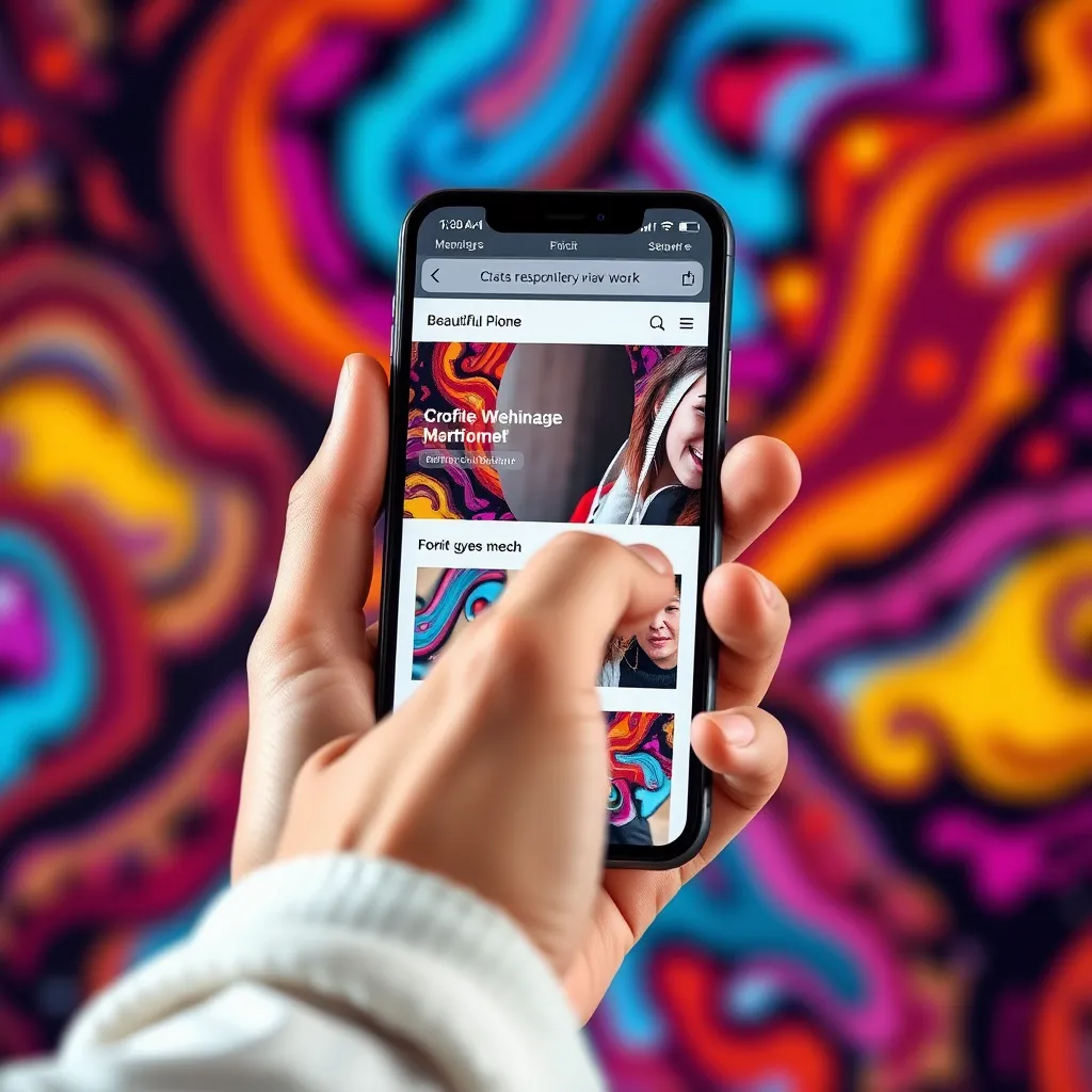 A close-up shot of a hand scrolling through a website on a smartphone, displaying a beautifully designed and responsive layout that adjusts perfectly to the screen size. The background should be a vibrant, abstract pattern, highlighting the website's flexibility.