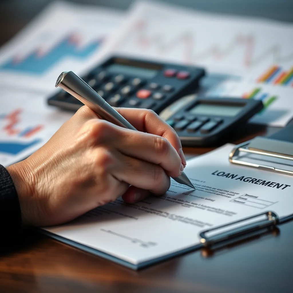 A close-up shot of a hand signing a loan agreement, with a calculator and financial charts in the background.  The image should focus on the quick and efficient nature of the loan approval process, with a sense of accomplishment and financial security.