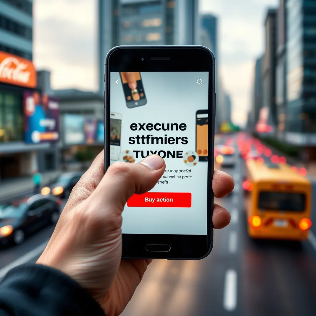 A close-up shot of a hand tapping on a smartphone screen, with a clear call-to-action button displayed. The phone screen shows a video advertisement that is visually captivating and informative, showcasing the benefits of a product or service. The background features a cityscape with busy traffic, symbolizing the fast-paced nature of today's marketing landscape.