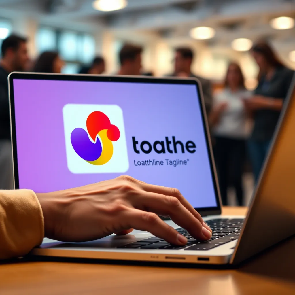 A close-up shot of a hand typing on a laptop, with a colorful brand logo and tagline displayed on the screen. The background is a blurred image of a diverse group of people interacting and engaging with the brand.