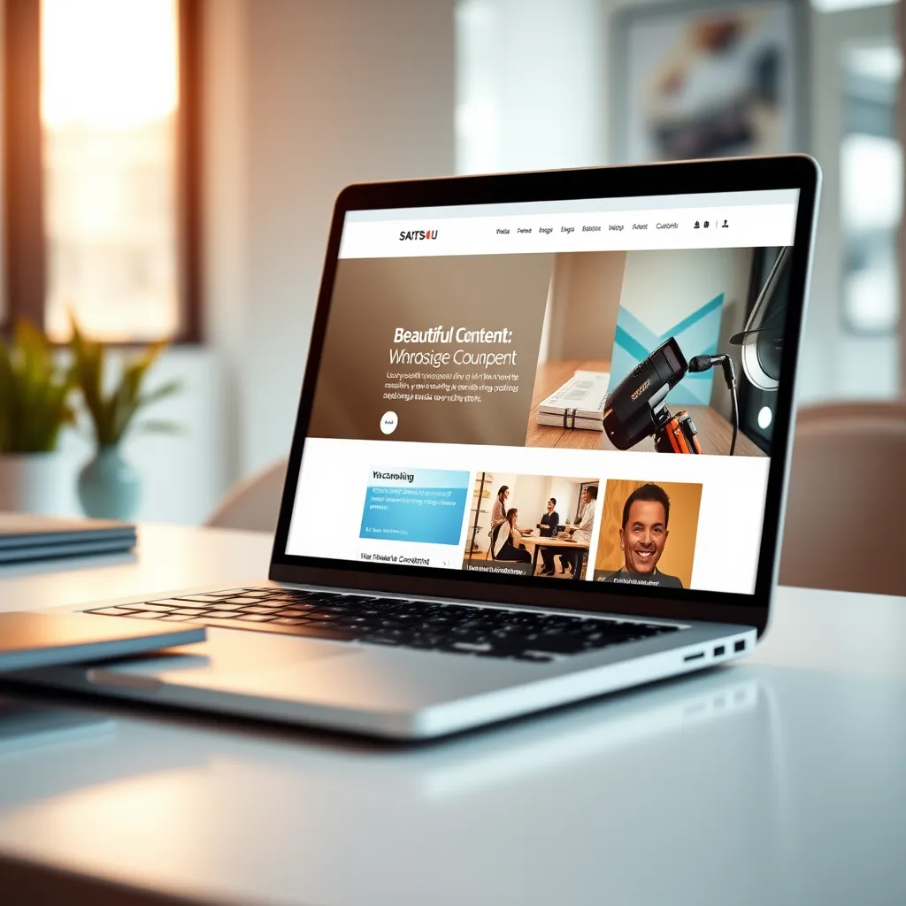 A close-up shot of a laptop screen displaying a beautifully designed website with engaging content. The image should focus on the website content, showcasing high-quality images, clear headings, and concise text. The lighting should be soft and natural, creating a warm and inviting atmosphere. The background should be a minimalist office workspace, emphasizing the focus on the website. The image should be rendered in a photorealistic style with high resolution and sharp details, capturing the professionalism and quality of the website content. The overall mood should be professional and inviting, reflecting the effectiveness of SAITS4U's website content creation services.
