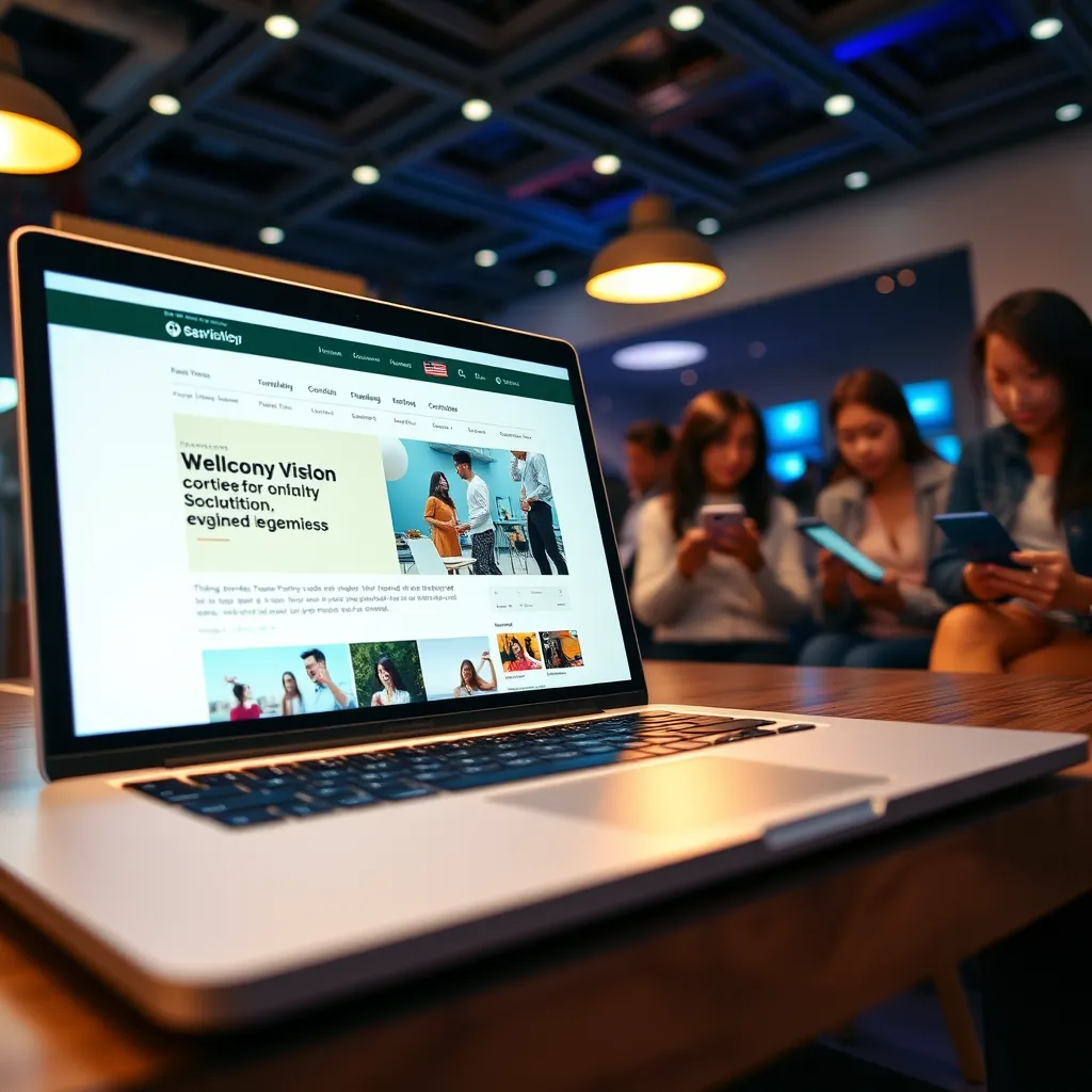 A close-up shot of a laptop screen displaying a website with engaging content and visuals. In the background, a diverse group of people are interacting with the website on their phones and tablets, representing the target audience.  The scene should be vibrant and energetic, reflecting a successful online presence.