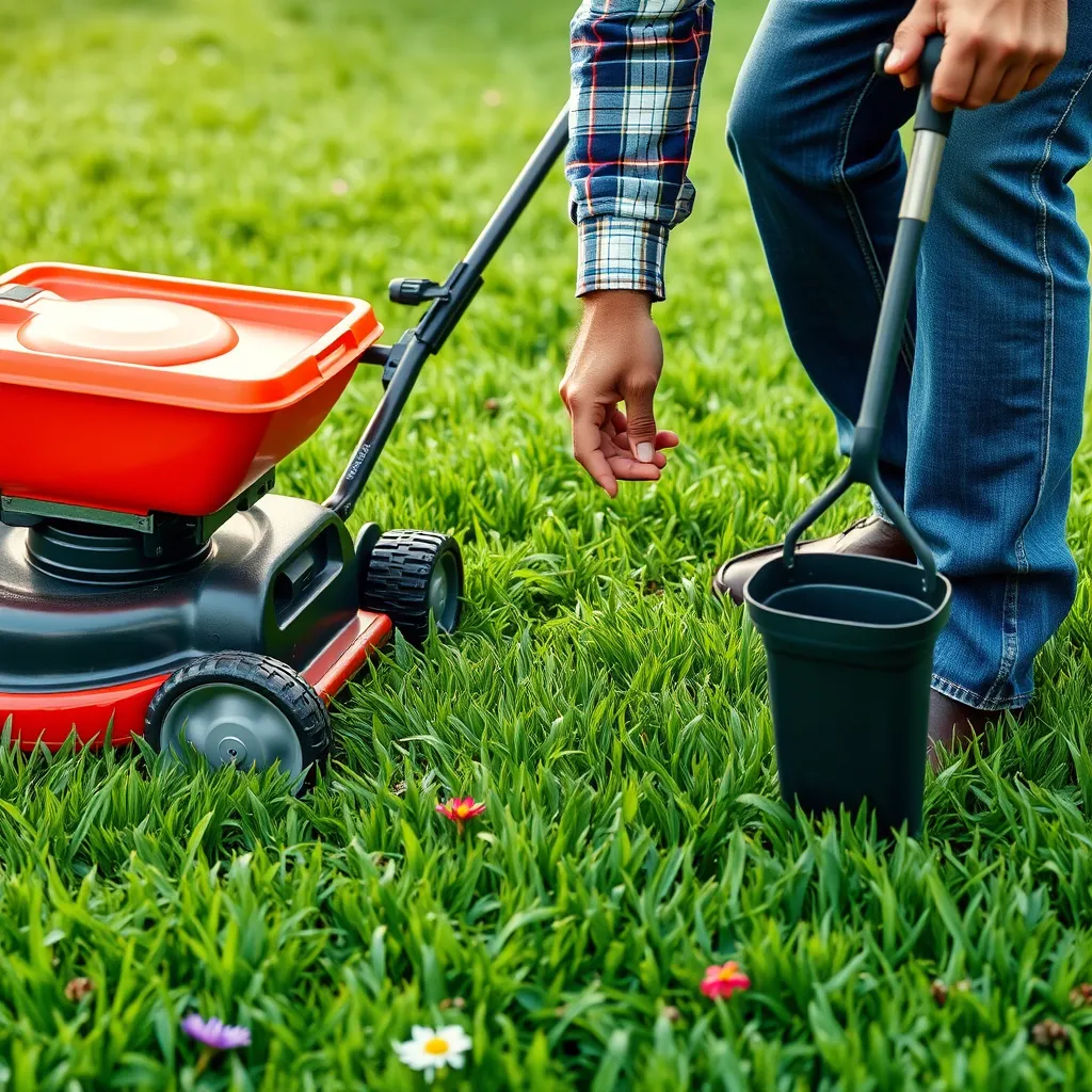 A close-up shot of a lawn care professional meticulously tending to a lush green lawn, showcasing various tools and techniques like a lawn mower, fertilizer spreader, and hand weeding. The background should be a beautifully manicured lawn with vibrant green grass and healthy, blooming flowers.