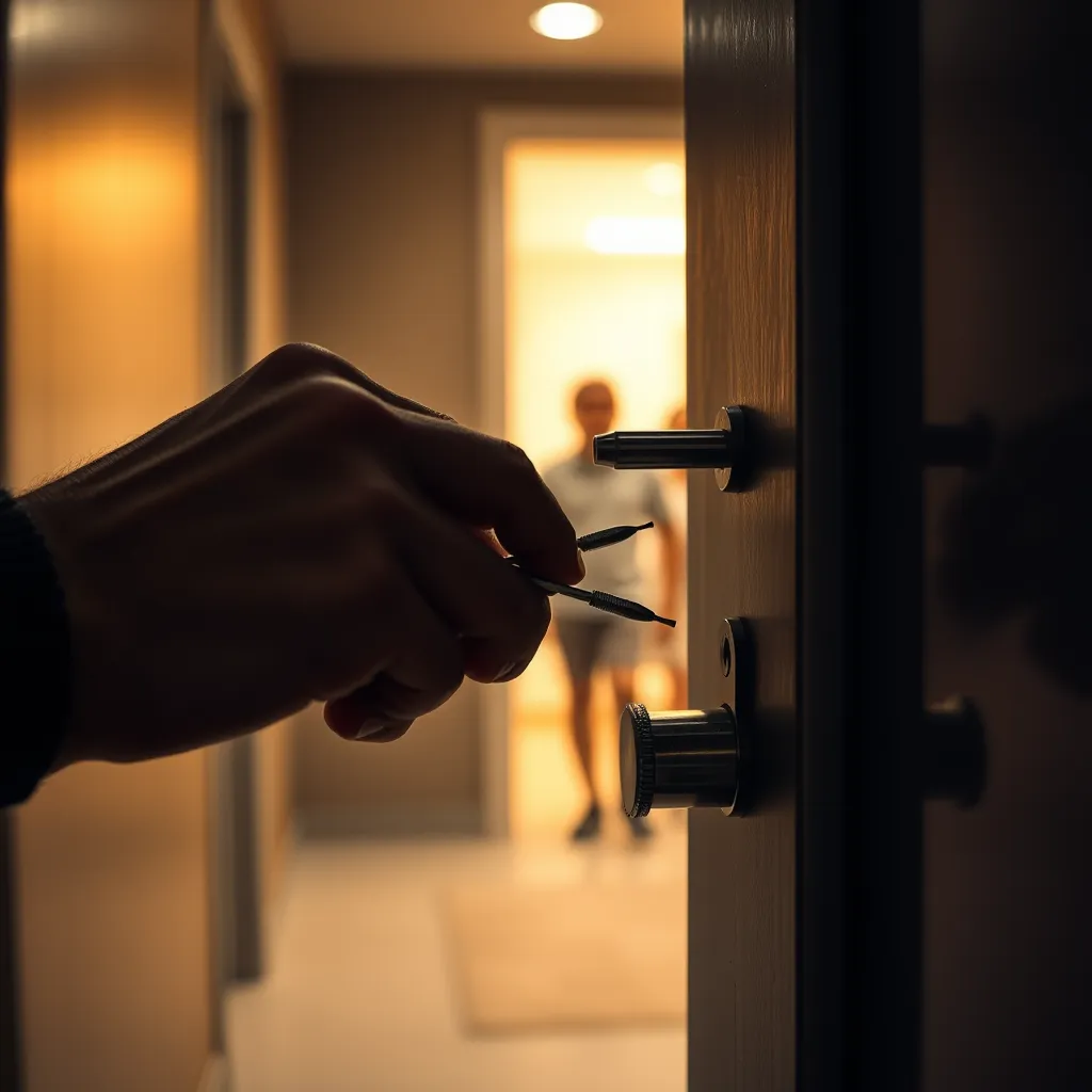 A close-up shot of a locksmith's hand skillfully picking a lock on a modern steel door. The scene is set against a dimly lit hallway with warm, inviting lighting. The locksmith's face is partially obscured, focusing on the intricate movements of their tools. The background is a blurred, out-of-focus depiction of a worried family looking on.  The overall mood is one of hope and reassurance, highlighting the locksmith's expertise and quick action in a stressful situation. Rendered in 8K resolution, hyperrealistic with detailed textures on the lock, tools, and door.