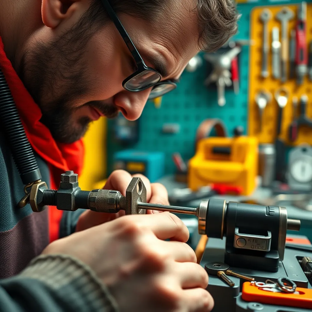 A close-up shot of a locksmith operating a sophisticated key cutting machine, carefully creating a precise duplicate key. The scene is set in a well-lit, brightly colored locksmith shop with a variety of tools and key blanks visible in the background. The image showcases the advanced technology and expertise of the locksmith. Rendered in 8K resolution, with a vibrant color palette and detailed textures on the key cutting machine, keys, and tools. The overall mood is one of precision and efficiency.