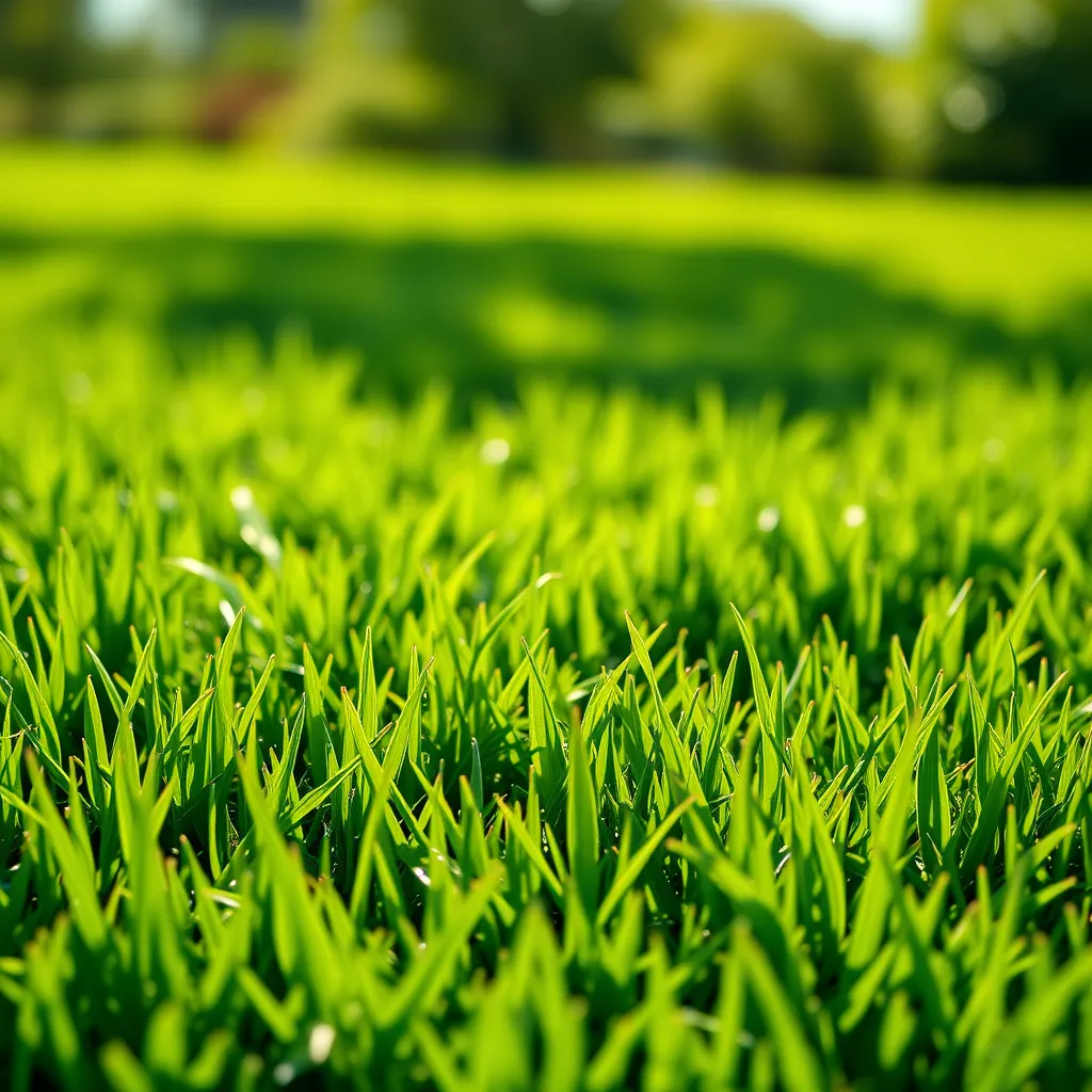 A close-up shot of a lush, green lawn with vibrant, healthy grass. The lawn is perfectly manicured with no weeds or brown patches. Sunlight shines brightly on the grass, highlighting its healthy color and texture. The background is a blurred image of a beautiful, sunny day.