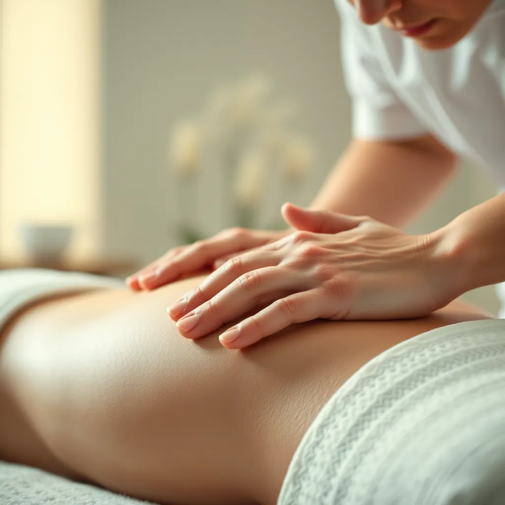A close-up shot of a massage therapist's hands gently kneading a person's shoulders. The setting is a serene spa room, with soft lighting and calming colors. The therapist's face is partially visible, conveying a sense of focus and care.