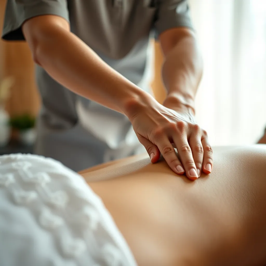 A close-up shot of a massage therapist's hands gently kneading a client's back muscles, showcasing a serene and calming atmosphere. The therapist should be wearing a professional uniform, and the room should be decorated with calming colors and soft lighting.
