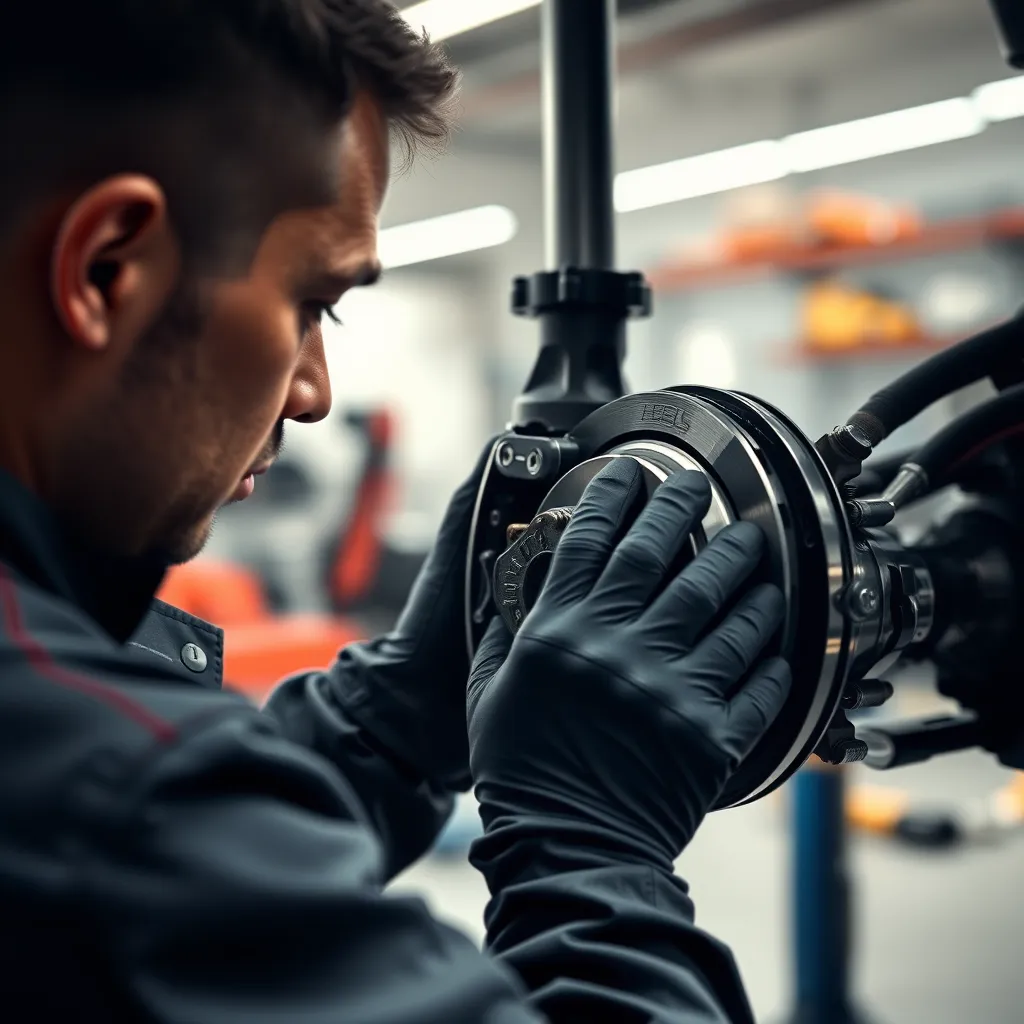 A close-up shot of a mechanic inspecting a brake system on a car, with soft diffused lighting highlighting the intricate details of the brake components. The scene should be set in a clean and well-lit garage, with tools and equipment visible in the background. The mechanic should be wearing a professional uniform and gloves, focusing intently on the brake system. The image should have a realistic, detailed style, with a focus on the mechanic's actions and the brake system's components. Render in 8K resolution with hyperrealistic detail.