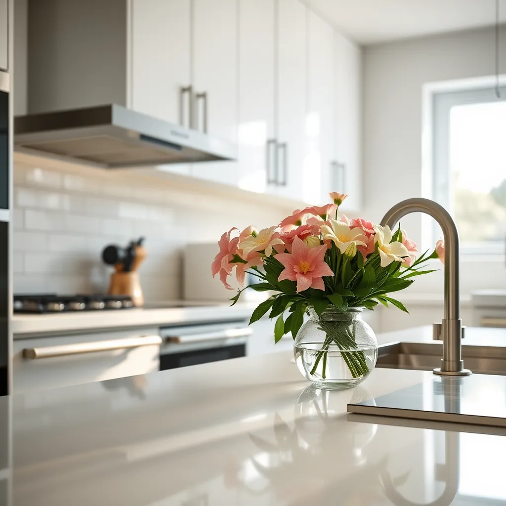 A close-up shot of a meticulously cleaned kitchen countertop with gleaming stainless steel appliances. Sunlight streams through a window, illuminating the spotless surfaces. A bouquet of fresh flowers adds a touch of elegance and warmth to the space. The background features a modern, minimalist kitchen design with sleek cabinets and a light-colored backsplash.