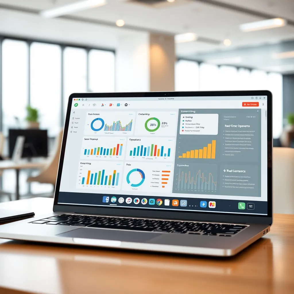 A close-up shot of a modern laptop screen showcasing a user-friendly interface of a business management software. The software displays dashboards, charts, and real-time data on sales, marketing, and operations. The laptop is positioned on a desk in a well-lit office, emphasizing the technology's role in running a successful passive income business.